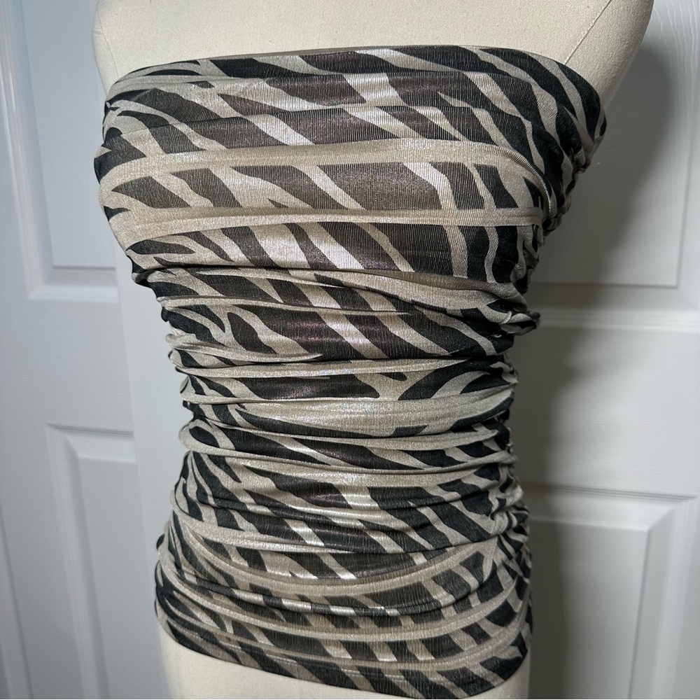 Vintage Forever 21 Metallic Y2K Zebra Stripes Strapless Ruched Tube Top, Medium - Picture 2 of 10